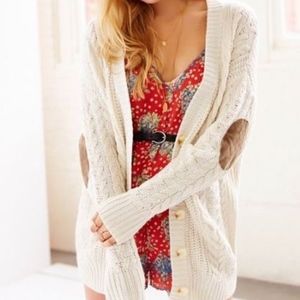 Oversized White Elbow Patch Sweater Cardigan